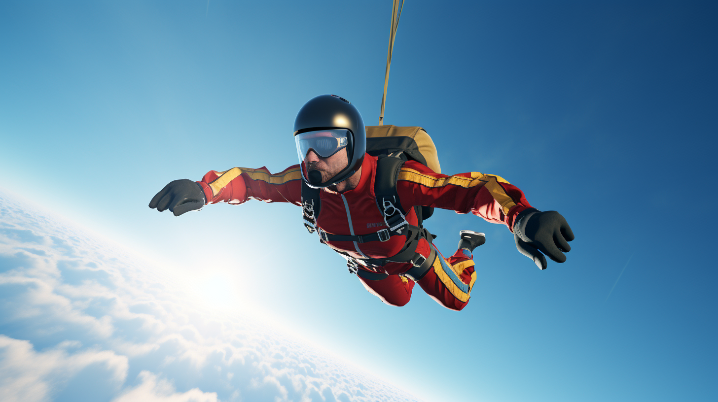 Experienced parachuter in free-fall position against blue sky