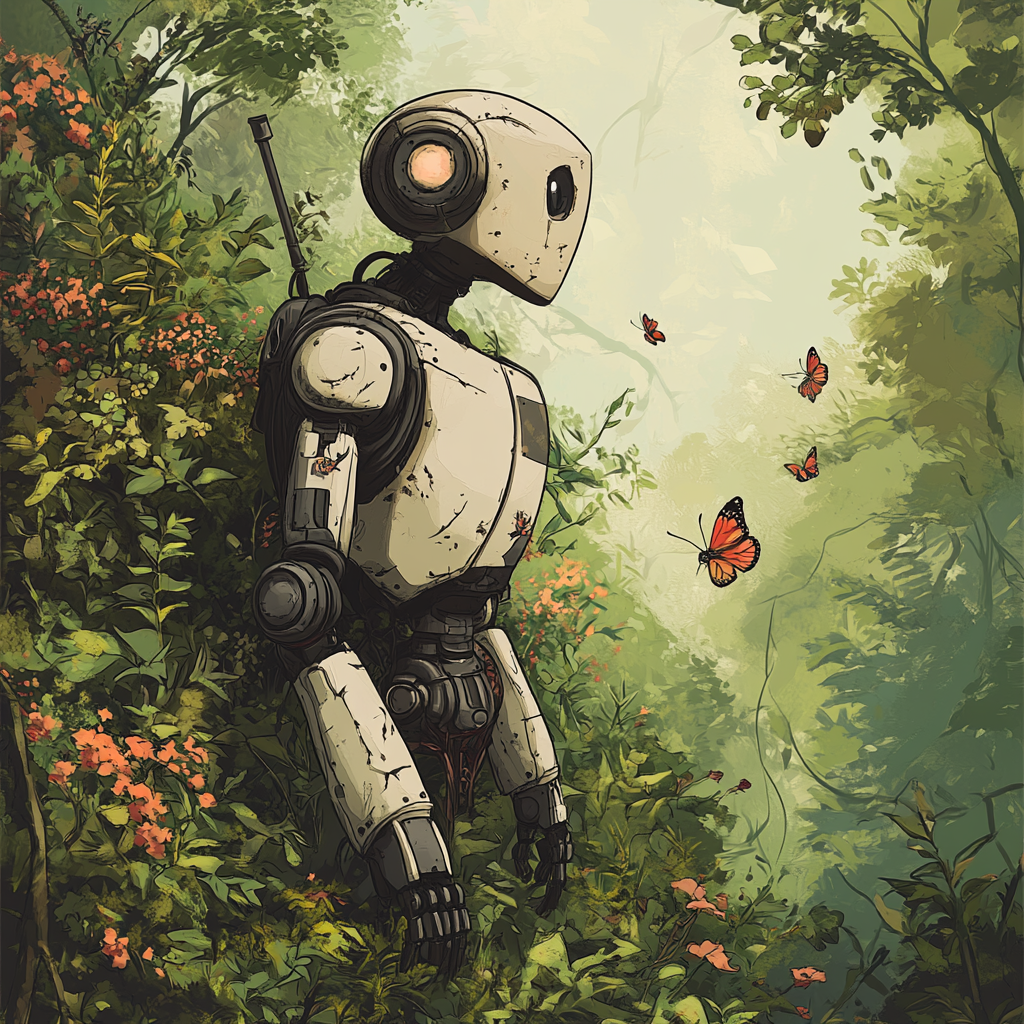 Robot explorer with plants butterflies