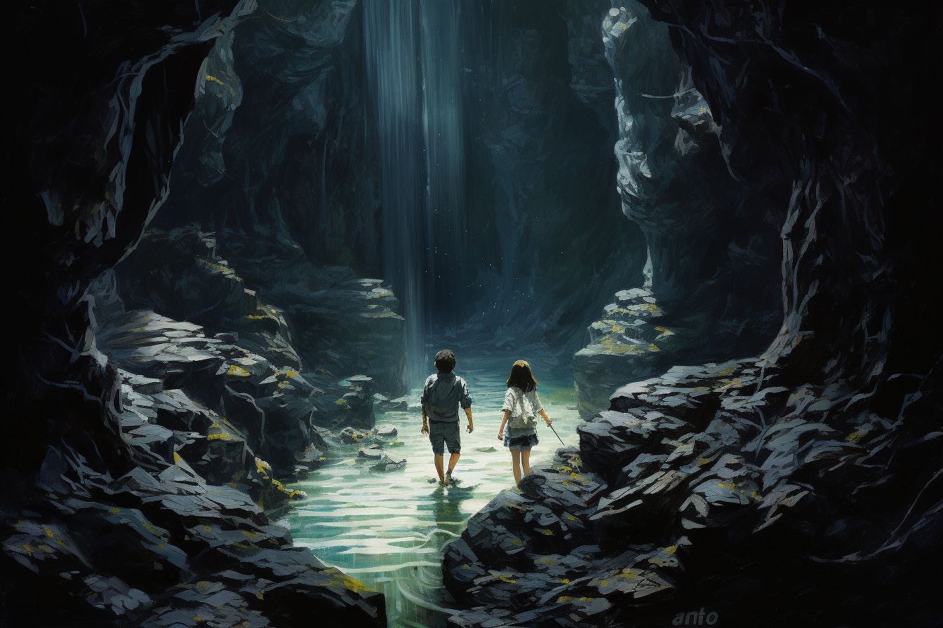 Boy and girl exploring dark depths and cliffside