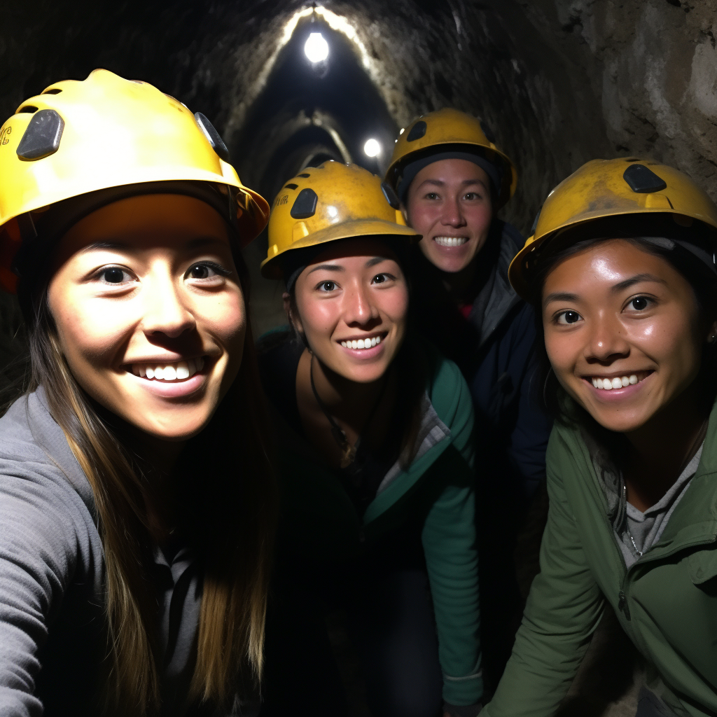 Group of friends exploring dark underground tunnels