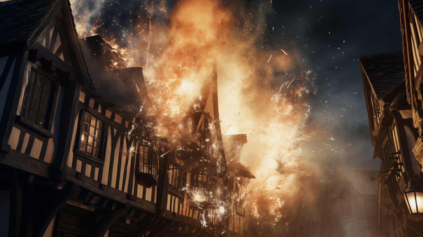 Photorealistic Explosion in Medieval Building at Night