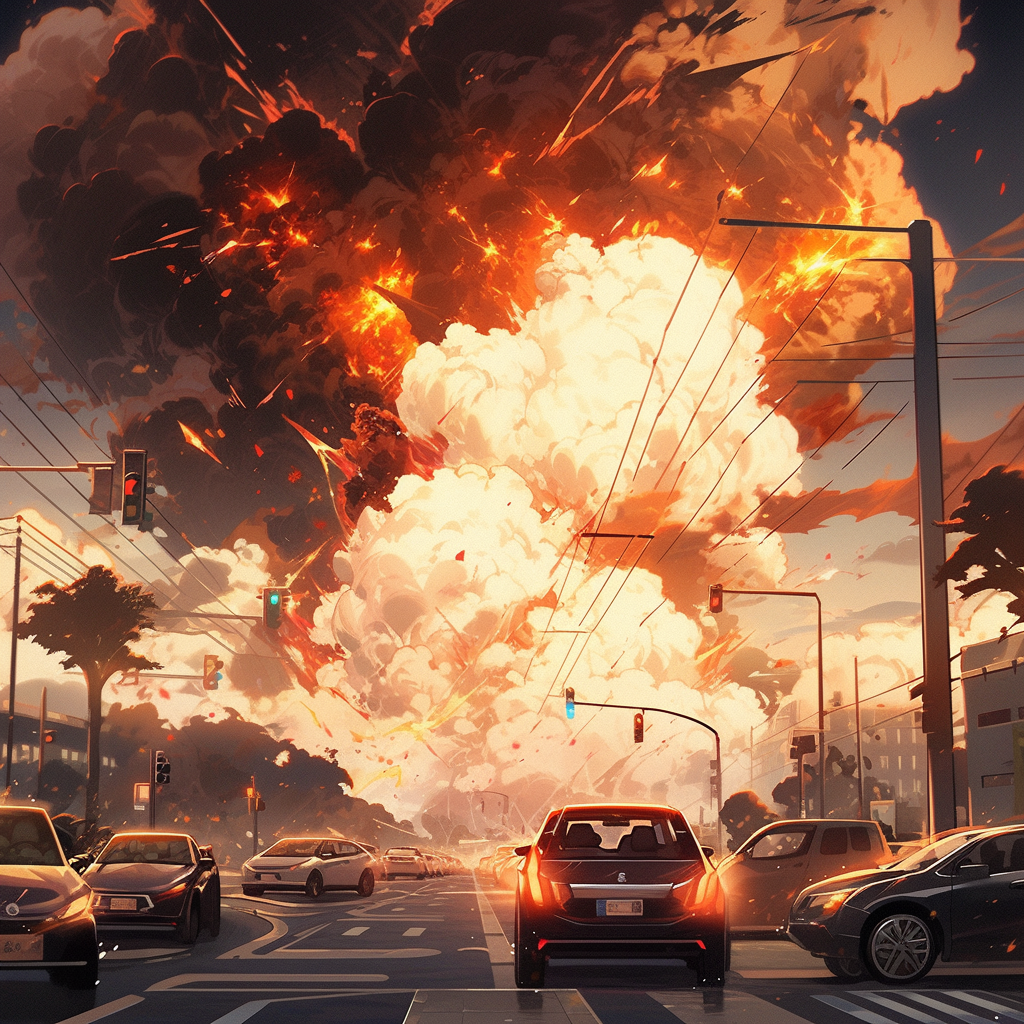 Hyperrealistic explosion in town with cars