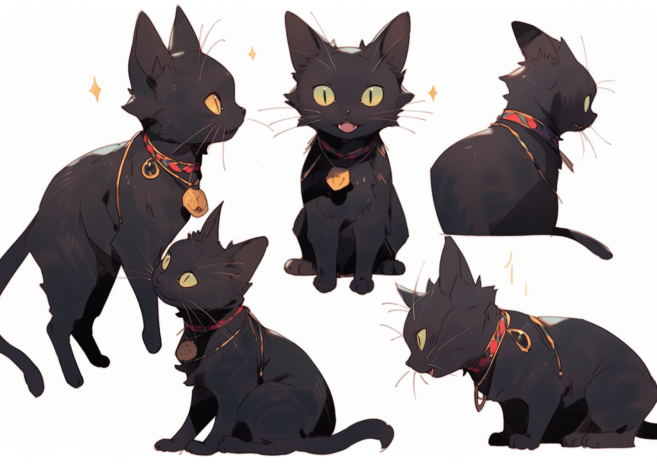 Black cat with golden tail ring and expressive face