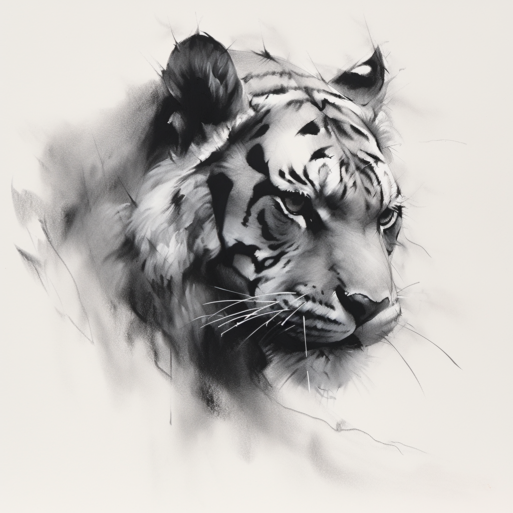 Charcoal drawing of a realistic marble tiger face