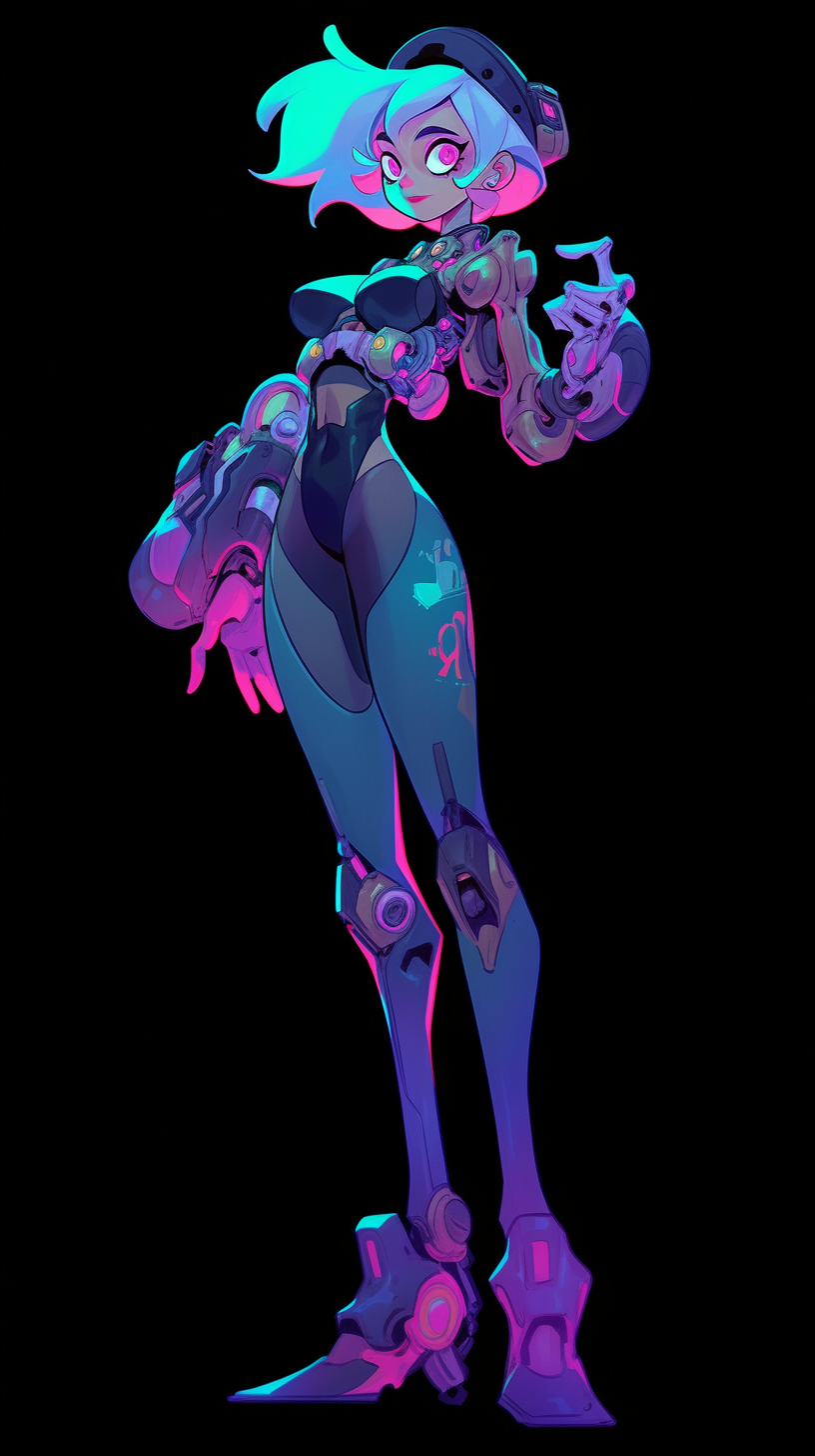 Full body cyborg girl with expressive face