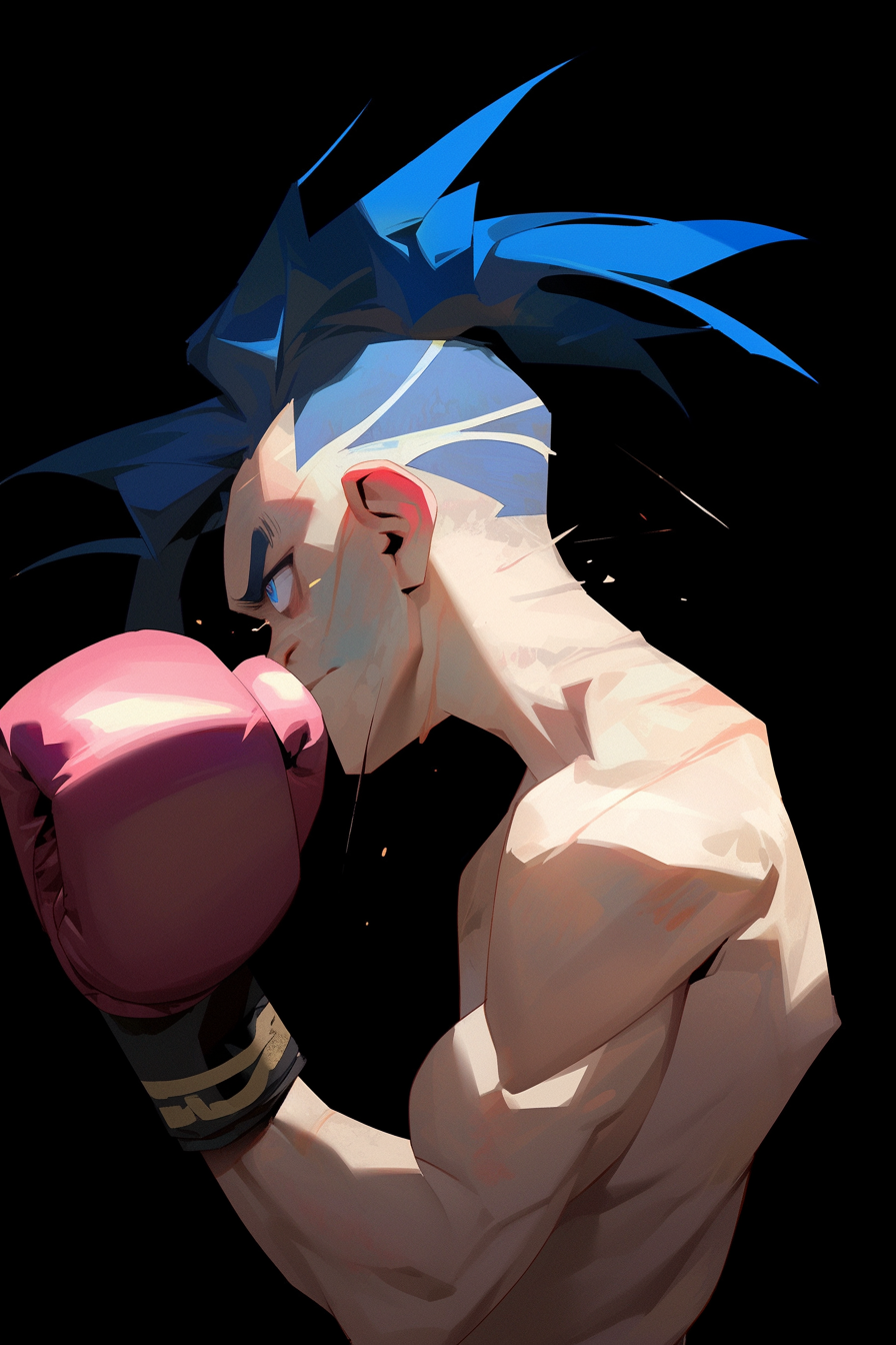 Illustration of expressive blue-haired boxer