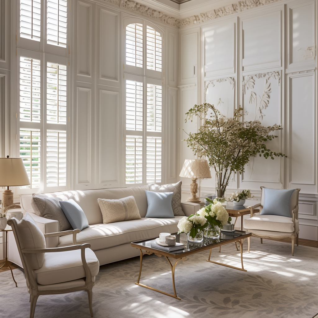 Decorated living room with custom window shutters