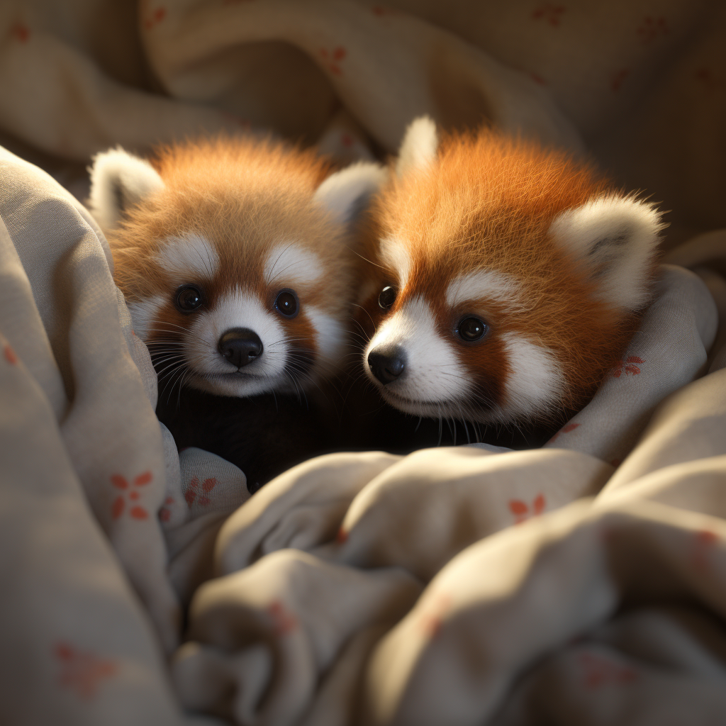 Cute red pandas playing in blankets