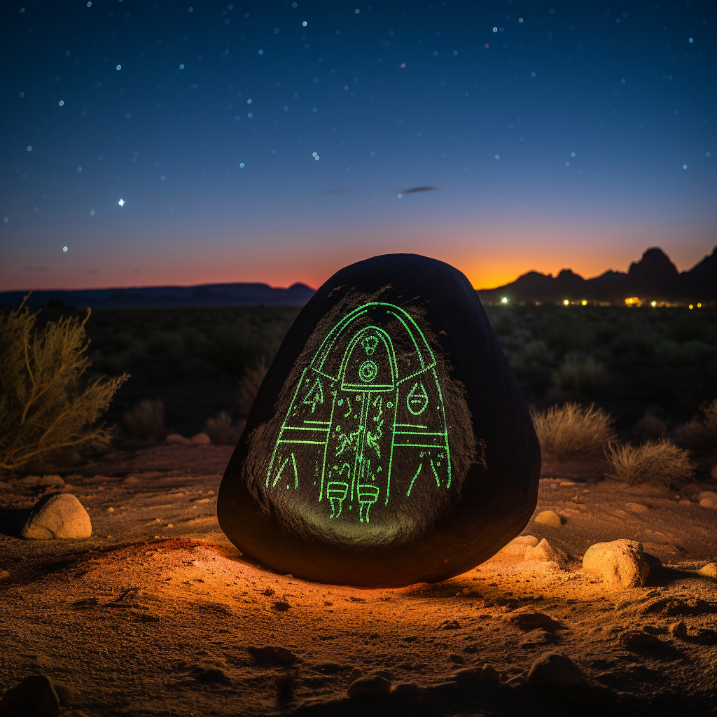 Extraterrestrial symbols on black oval rock in desert