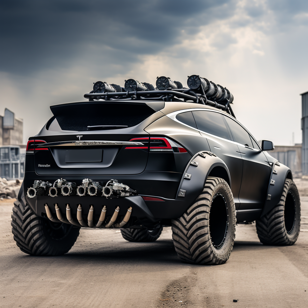 Gas-powered Tesla SUV emitting black exhaust