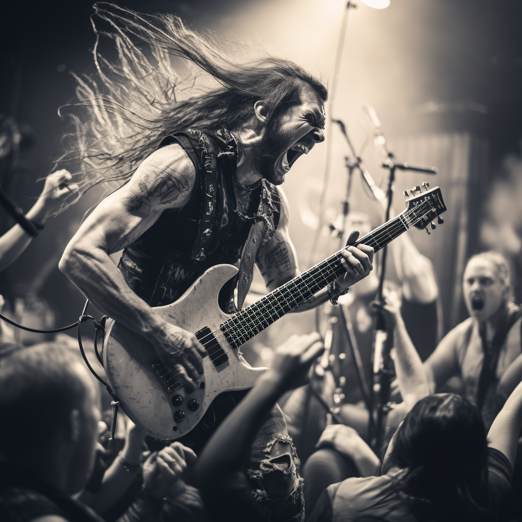 Bass player performing intense metal music on stage