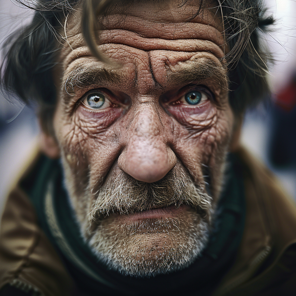 Depressed man with dirty nose pores in crowded sidewalk