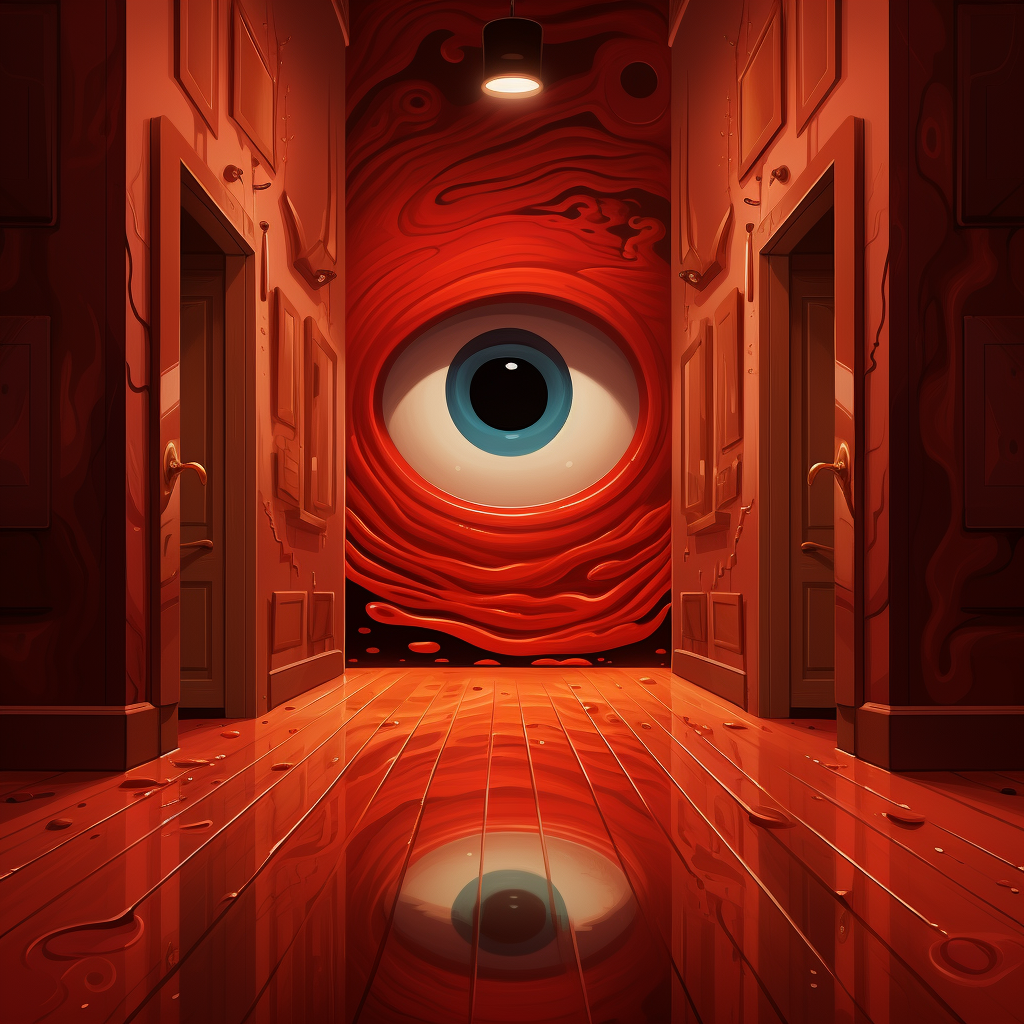 Reflection of eye in hallway with red door