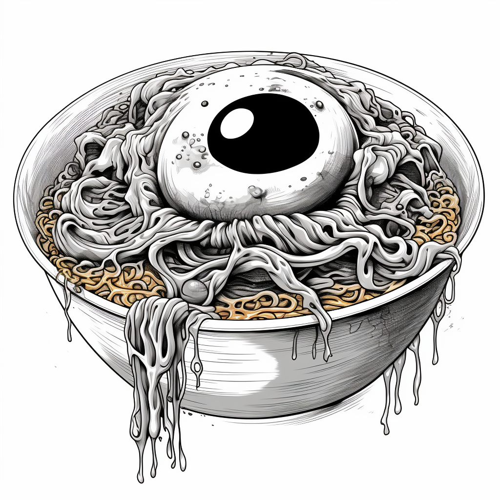 Spooky eyeball ramen ink illustration