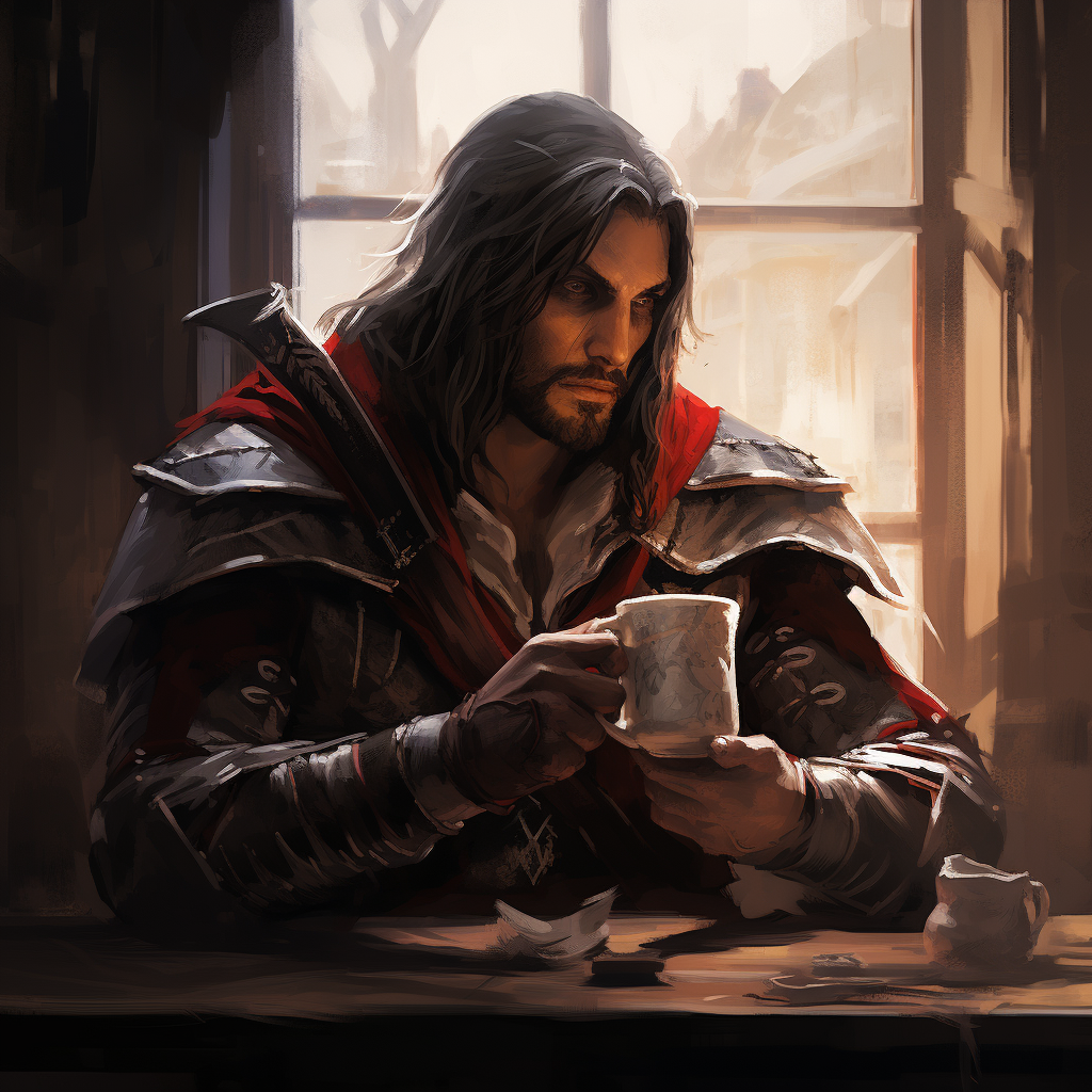 Ezio Auditore drinking coffee