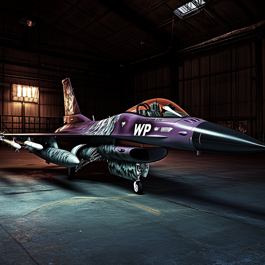 F16 fighter jet with demonic wolf paint