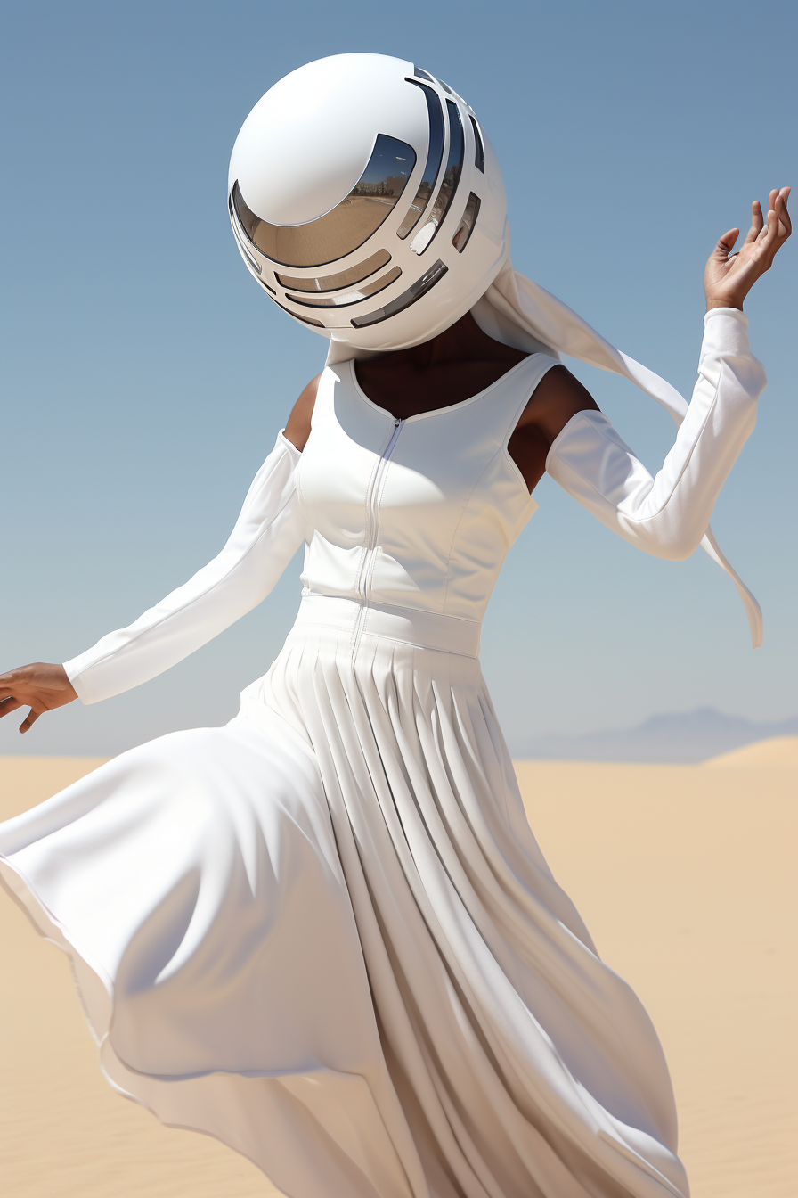 F1 helmet-wearing dancer in white background