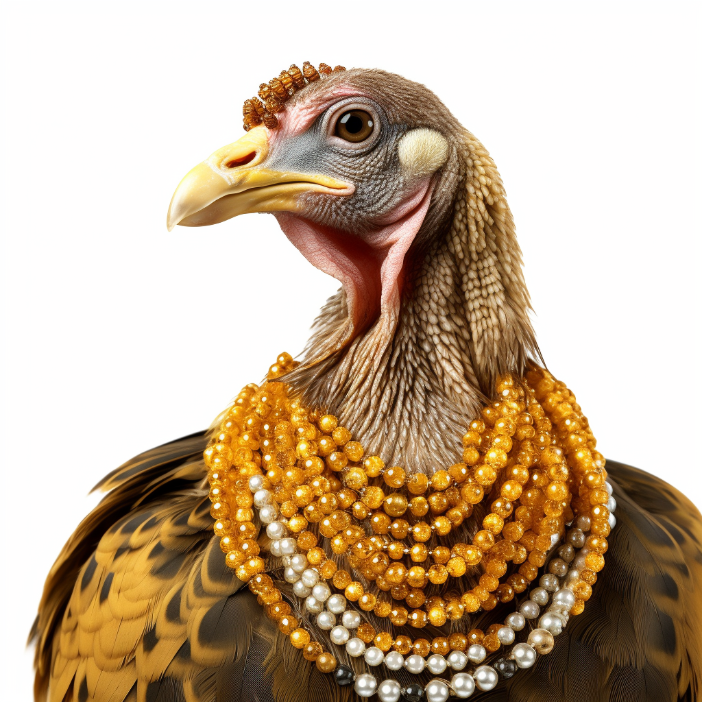 Turkey wearing gold necklaces on white background