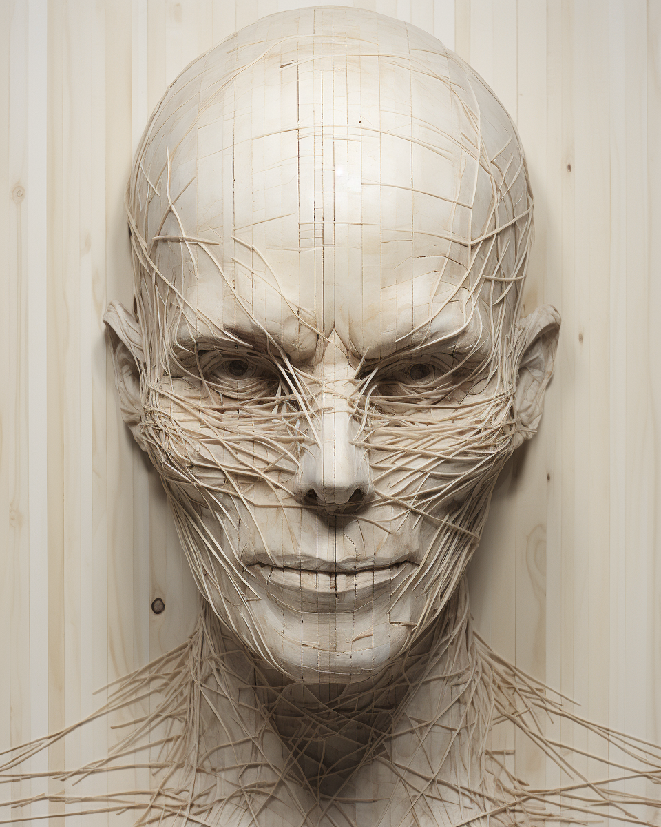 Artwork featuring a ghoul face and parallel wood lines