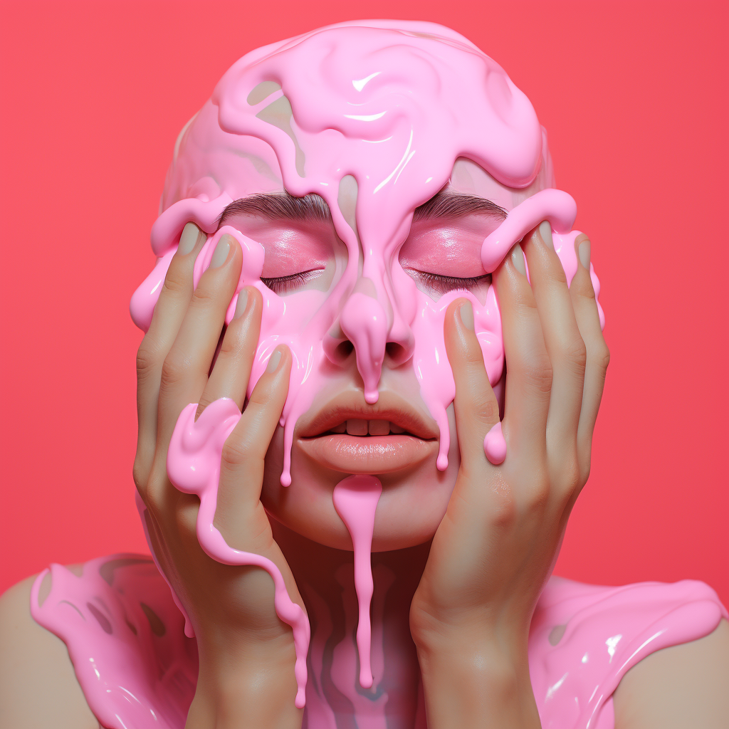 Face melting into hands on pink background