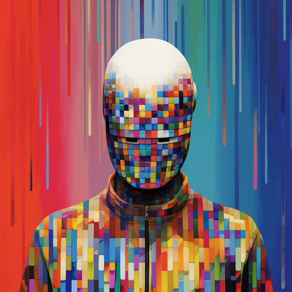 Colorful 2D illustration of faceless AI