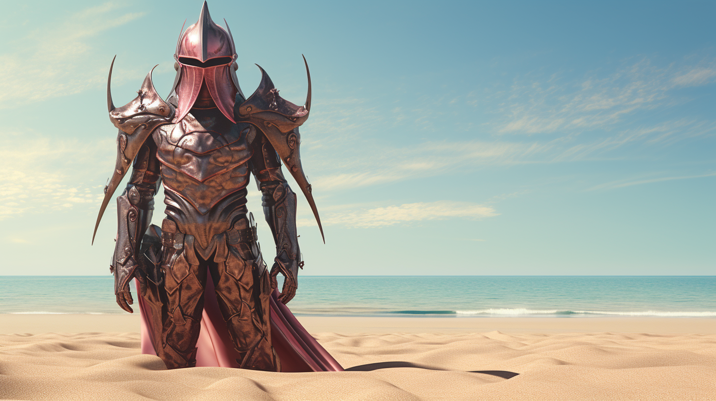 Faceless earthworm in conquistador armor on exotic beach