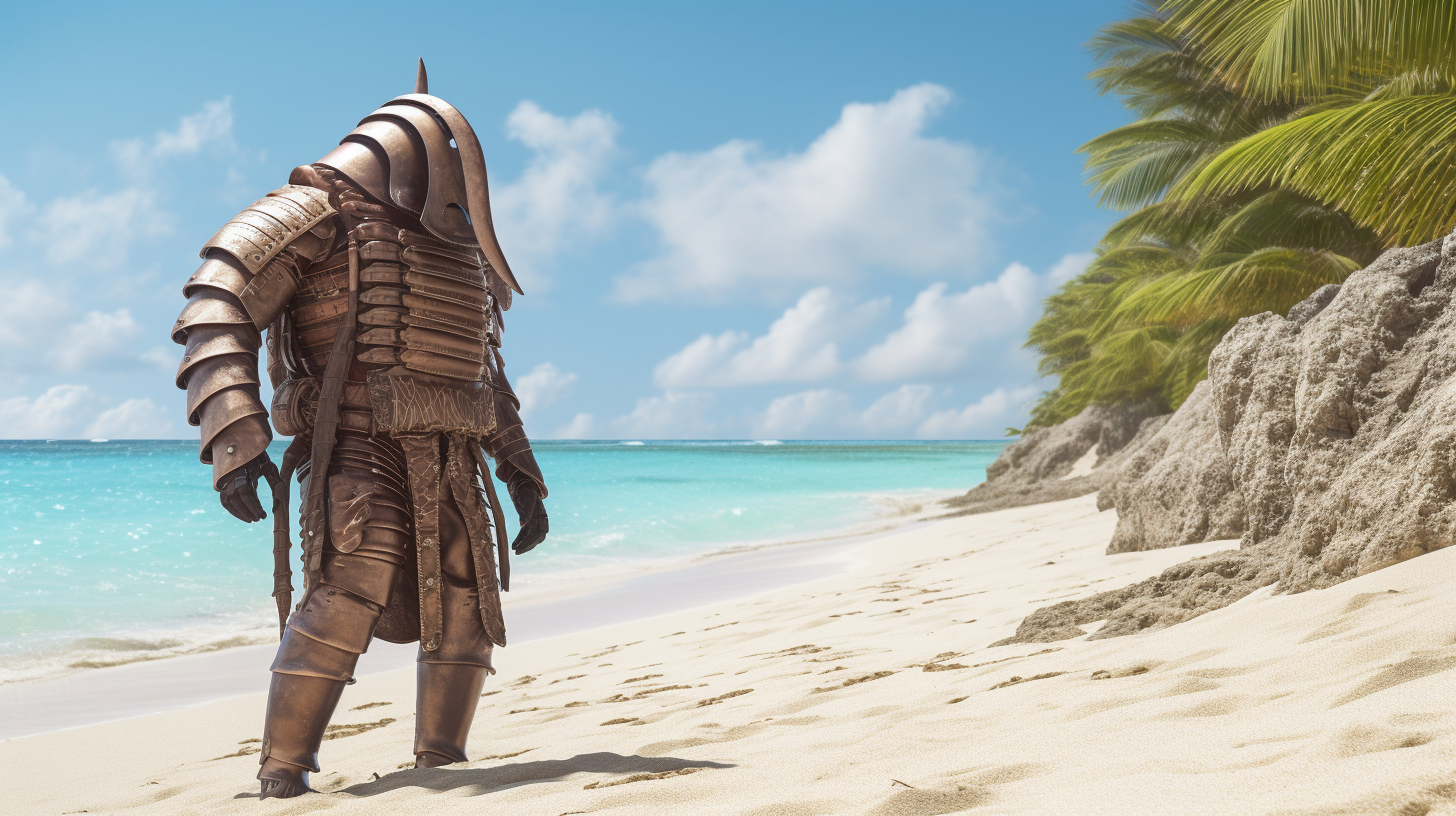 Faceless Earthworm in Medieval Armor on Tropical Beach