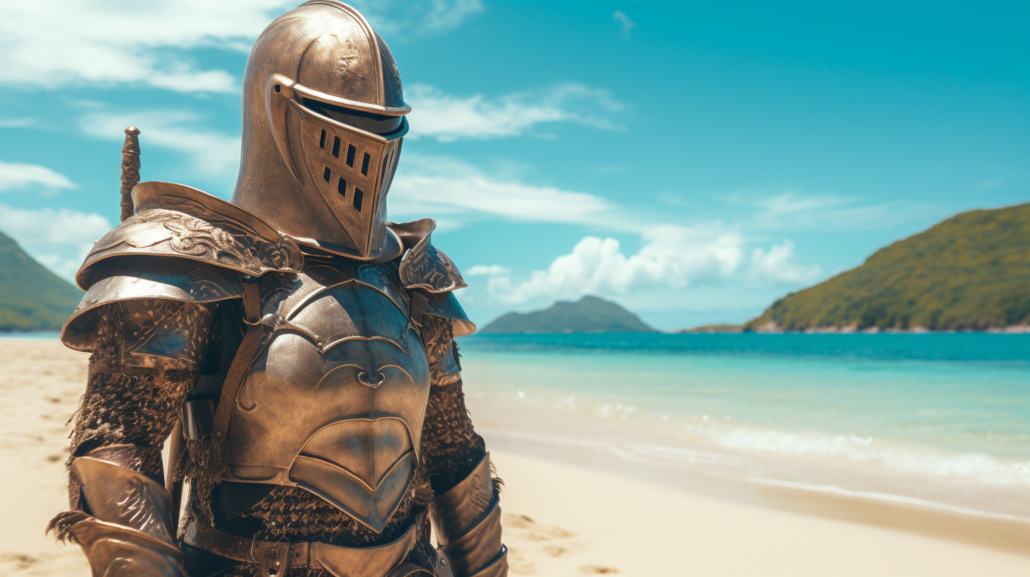 faceless earthworm in medieval armor on tropical beach