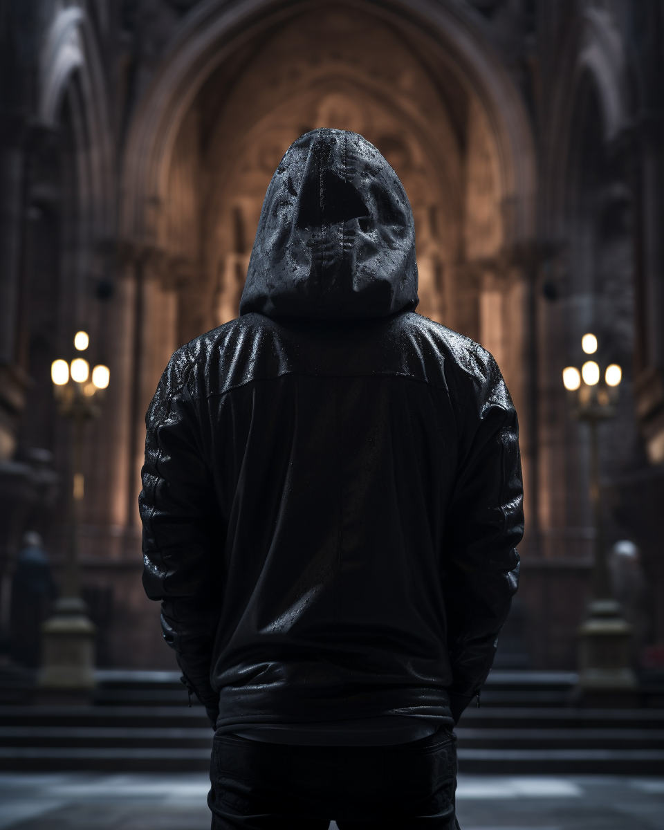 Young man in dior jacket in gothic church