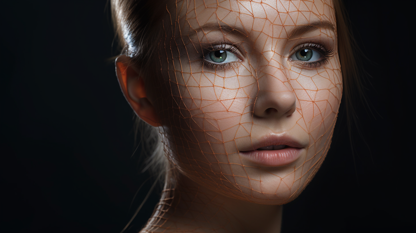 Close-up Portrait with Futuristic Facial Recognition Mesh Lines