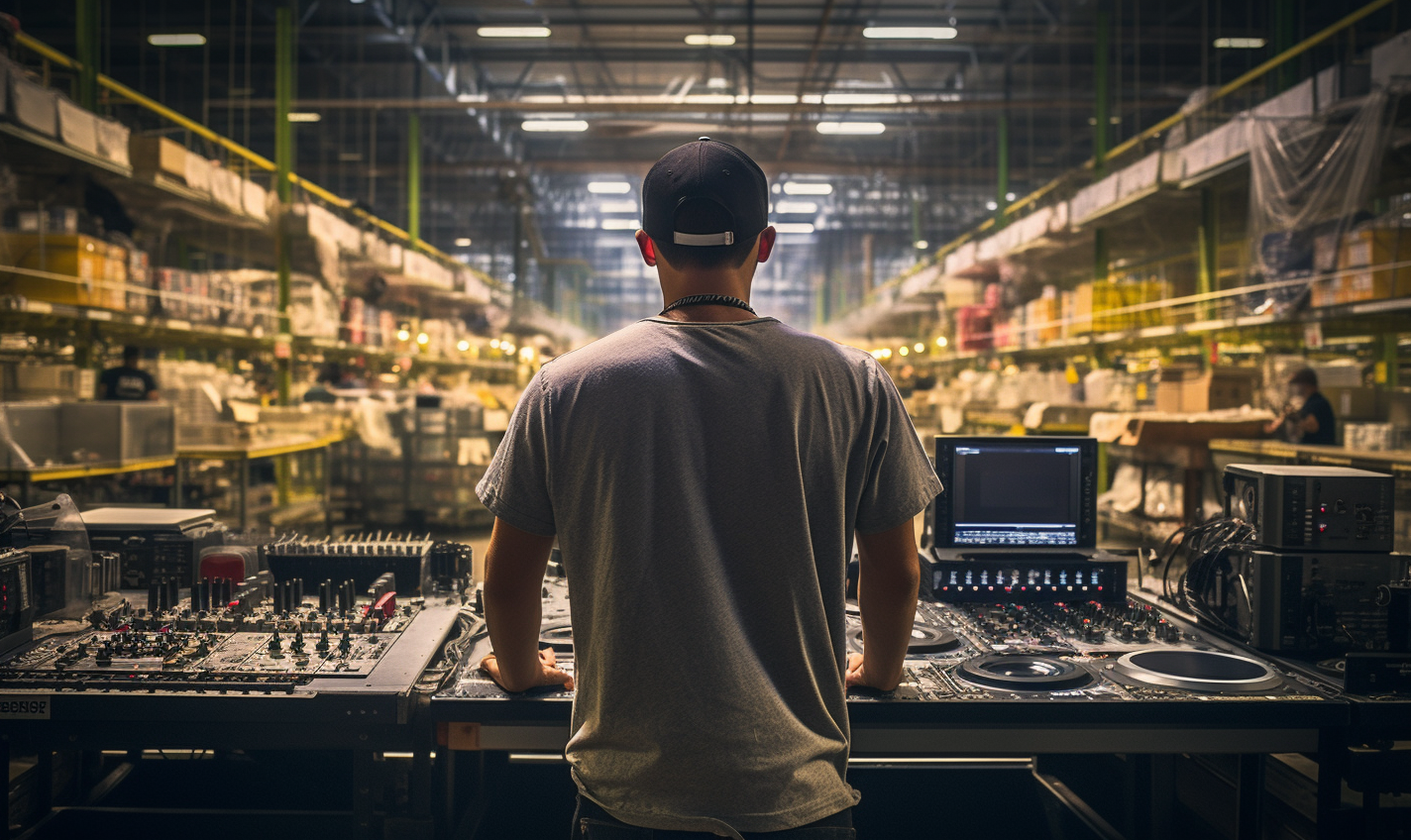 DJ entertaining workers on factory floor