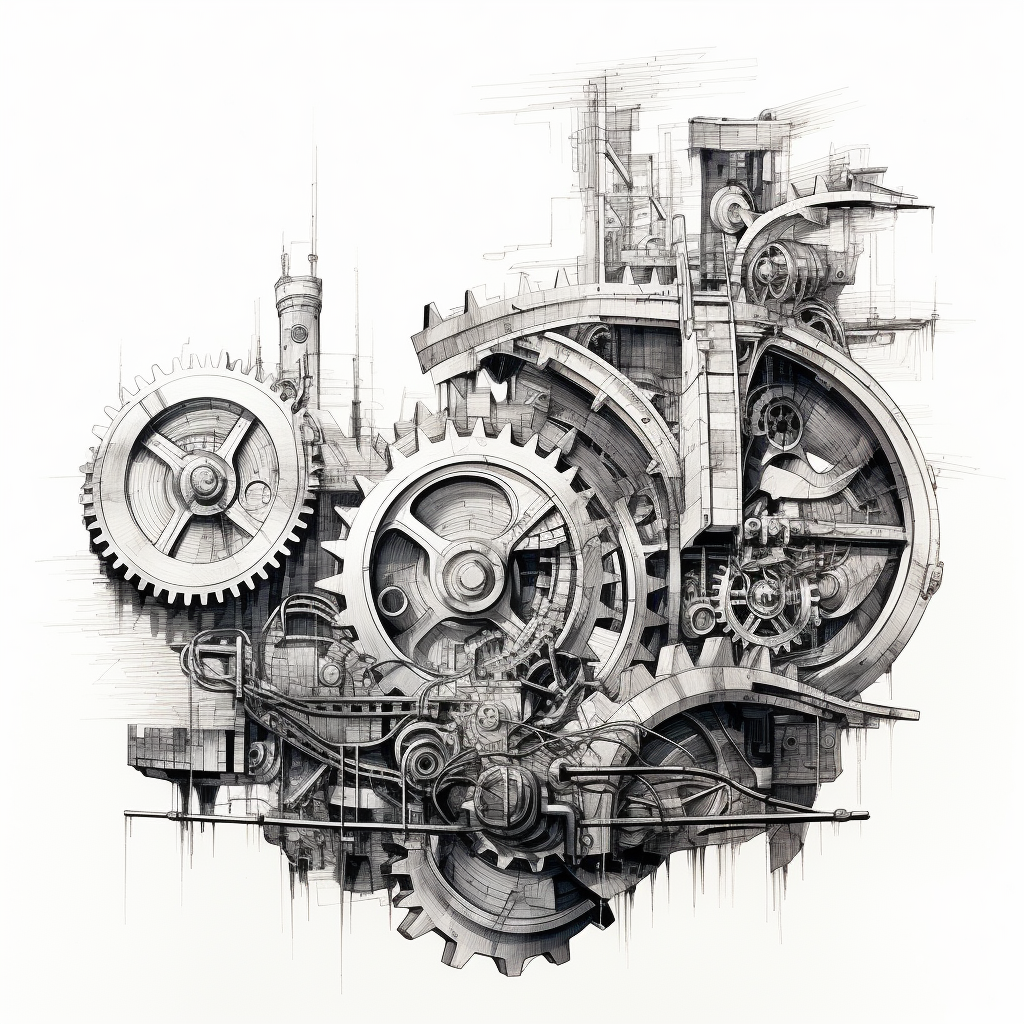 Black and white drawing of factory gears breaking  ?