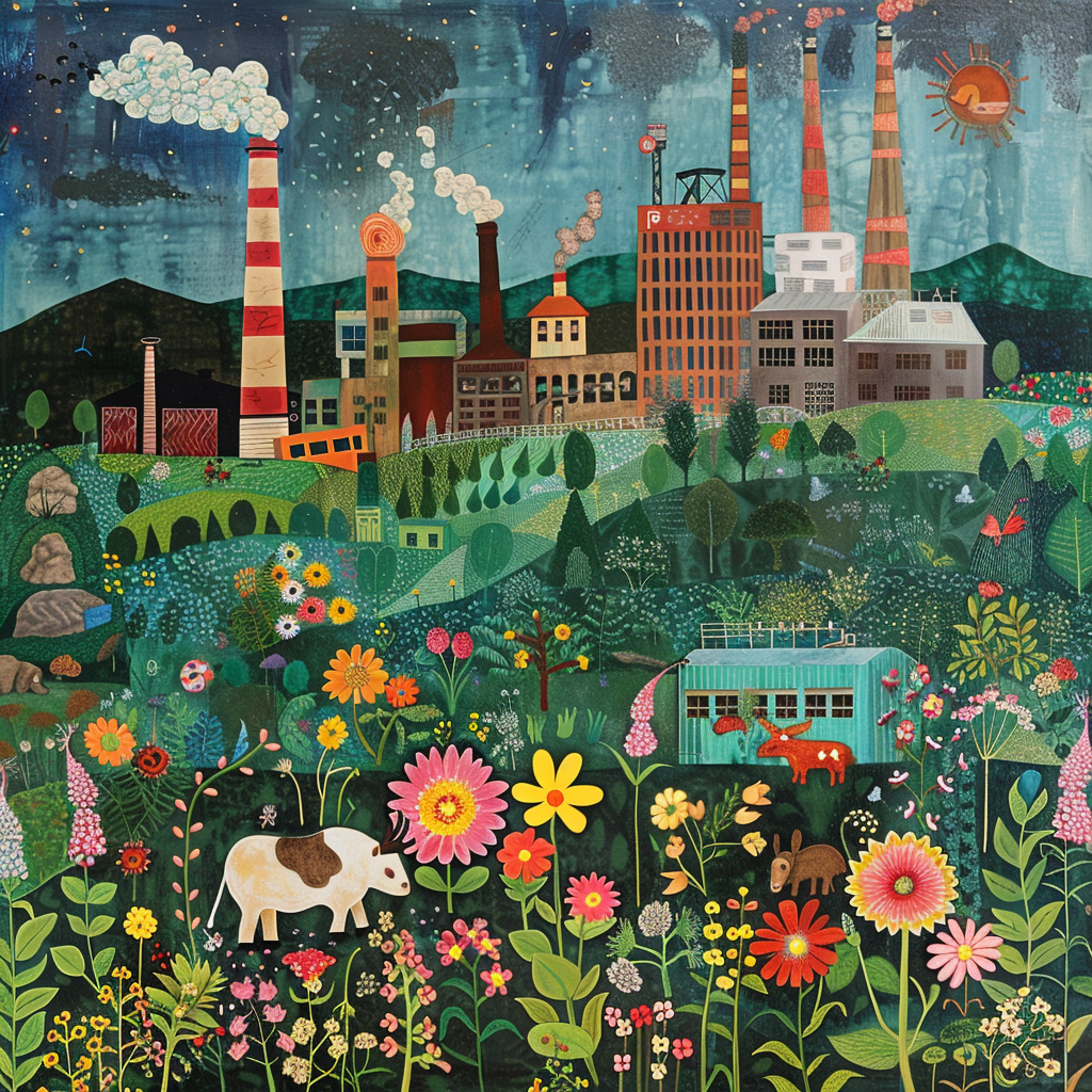 factory in green field with flowers