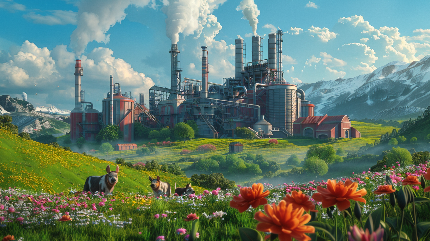 Factory in Green Field Flowers