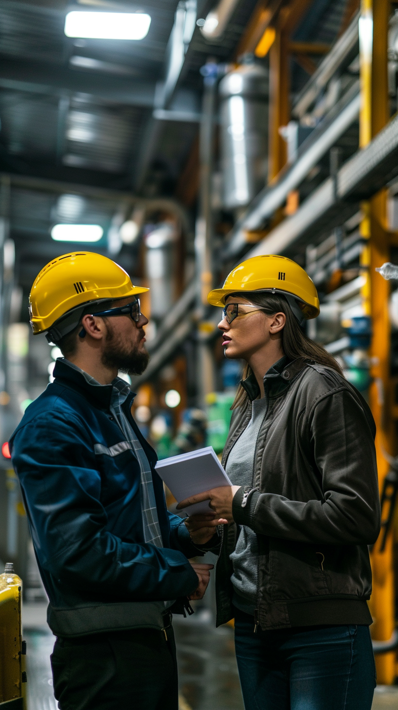 workers explaining factory setup