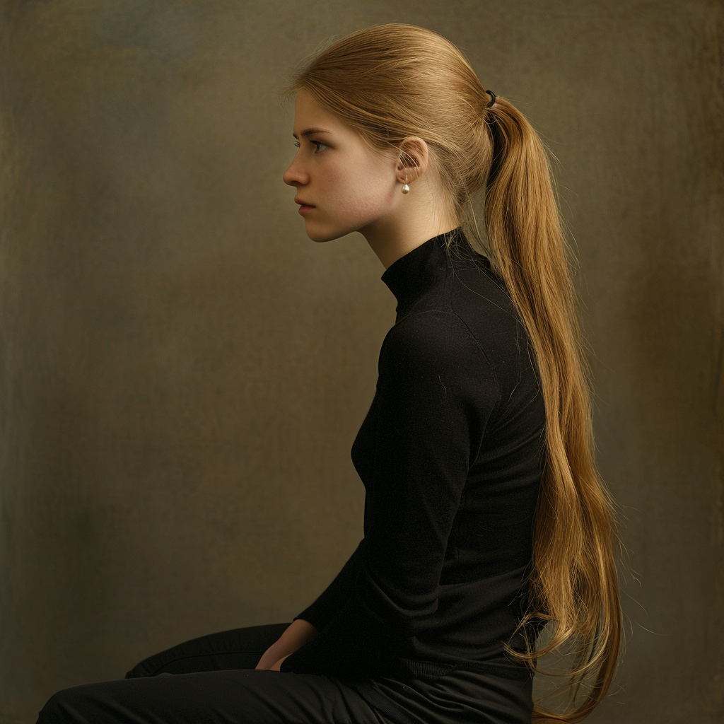 Closeup Portrait of Fair Haired German Woman with Pearl Earring - Side View