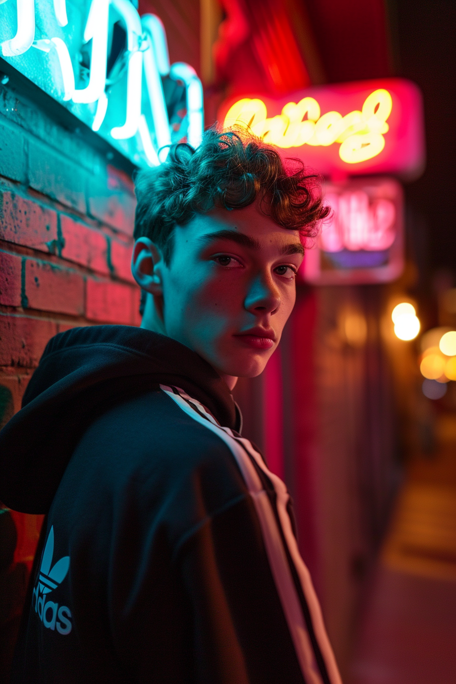 Stylish fair-haired teenaged man in adidas hoodie