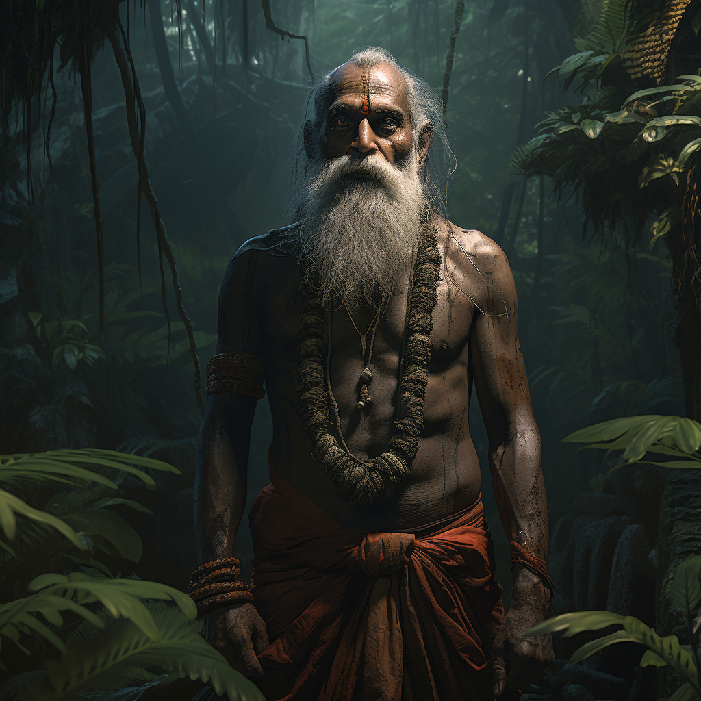 Mysterious fair muscular Hindu Indian priest in jungle