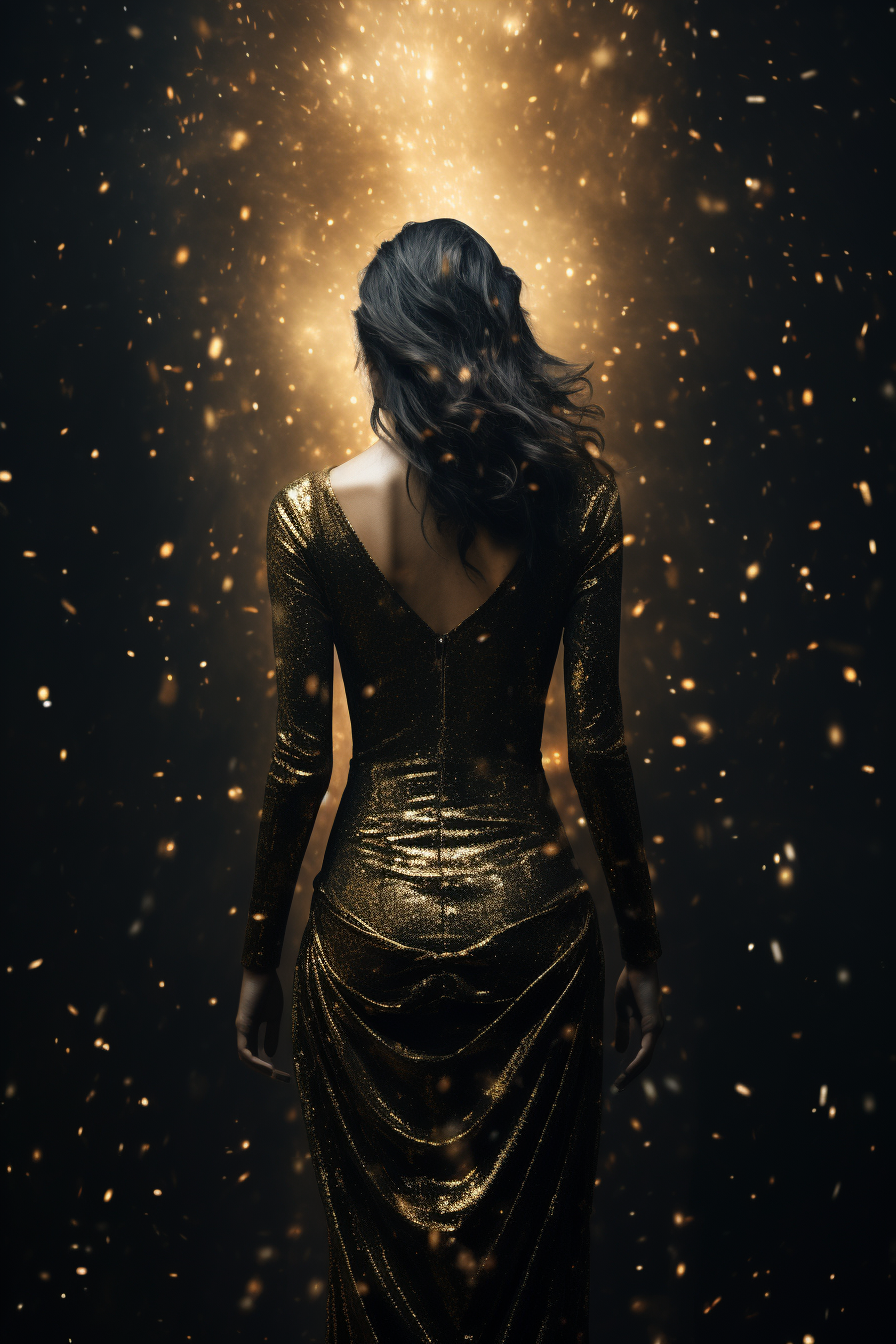 Beautiful woman in gold dress on dark background