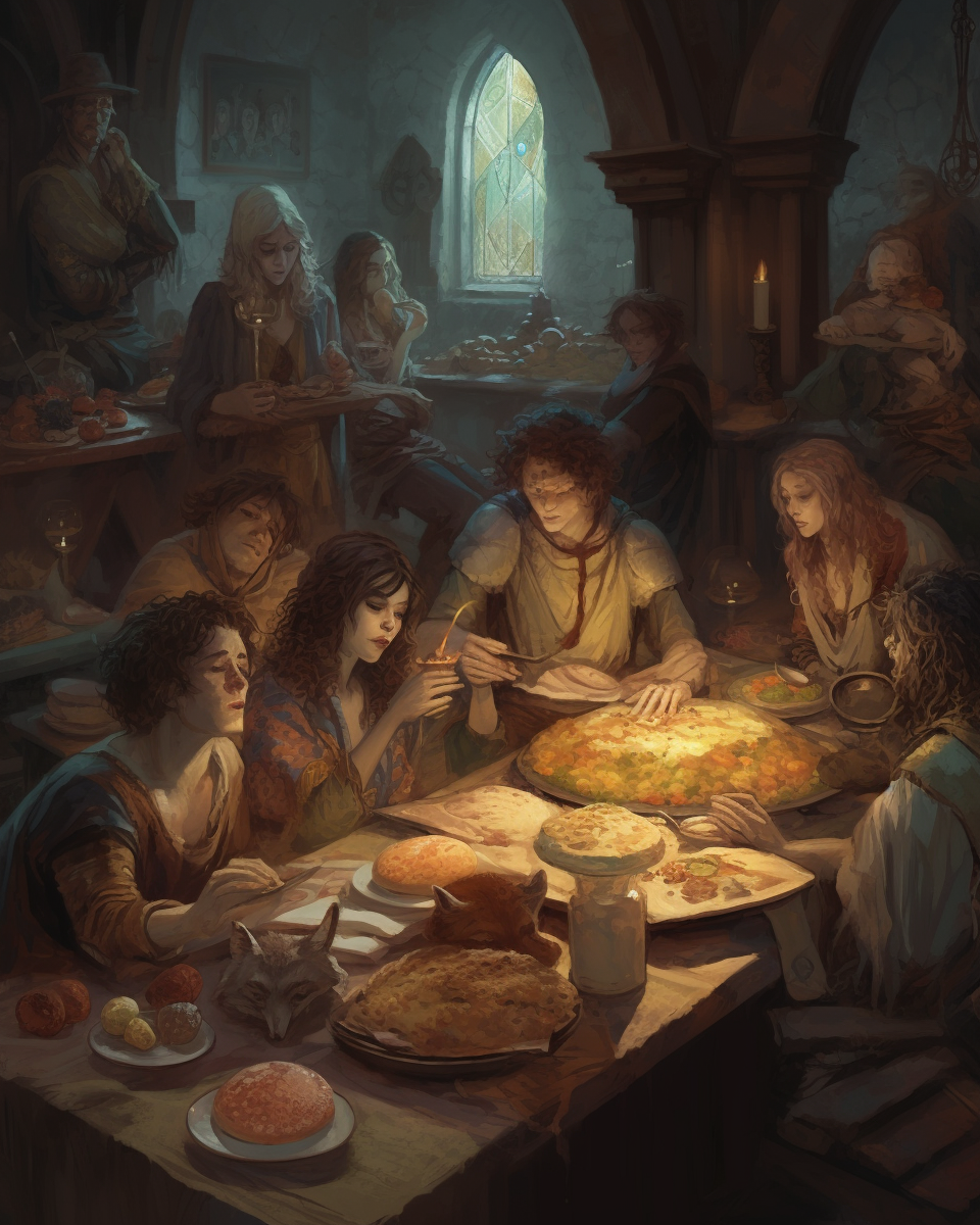 Fairies peacefully enjoying a cheese feast