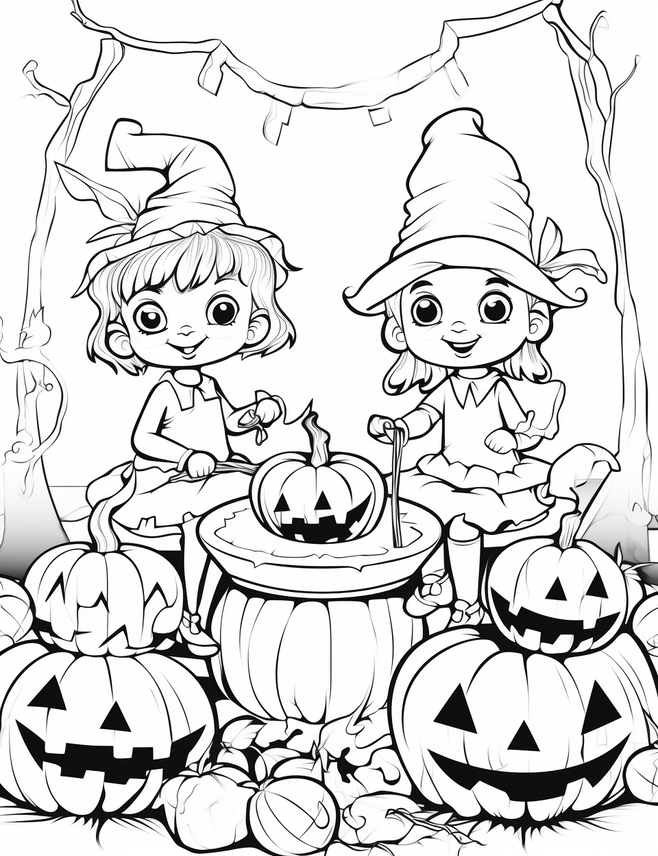 Black and white outline of fairies at Halloween party