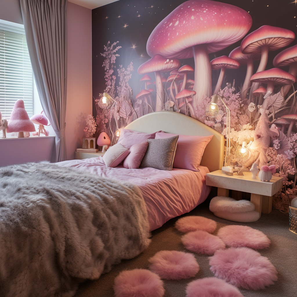 Beautiful pink fairy bedroom with mushroom accents  (max 6 words)