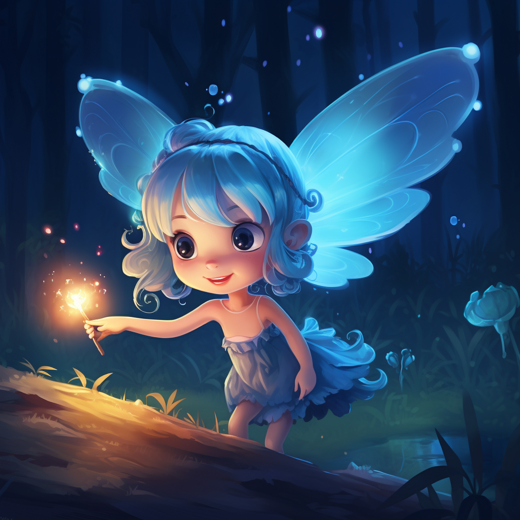 Cute fairy with blue hair catching glowing butterfly