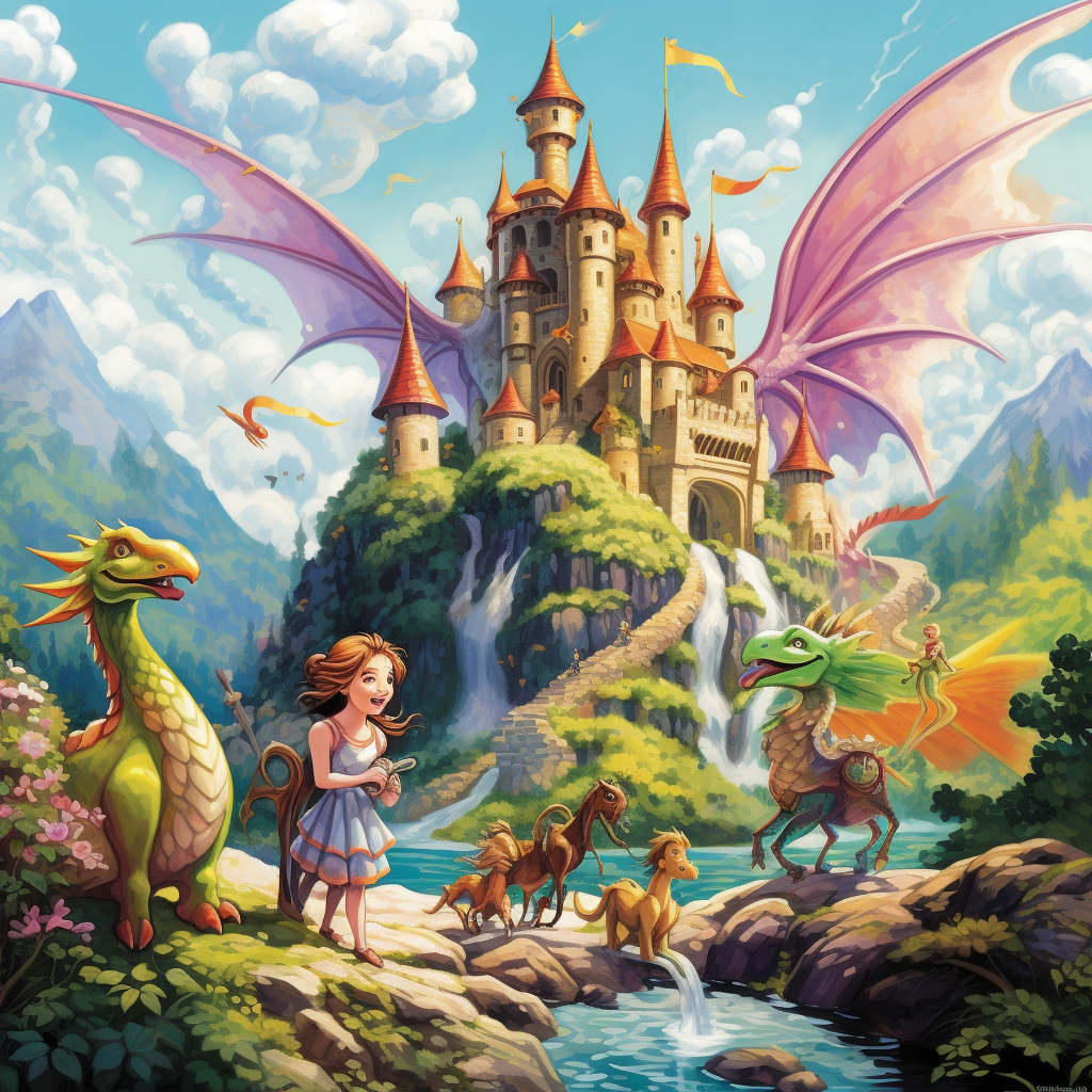 Fairy dragon castle cartoon illustration