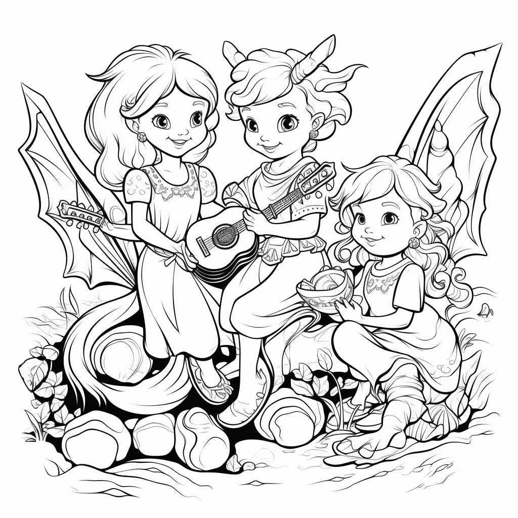 Cartoon fairies and dragons having fun