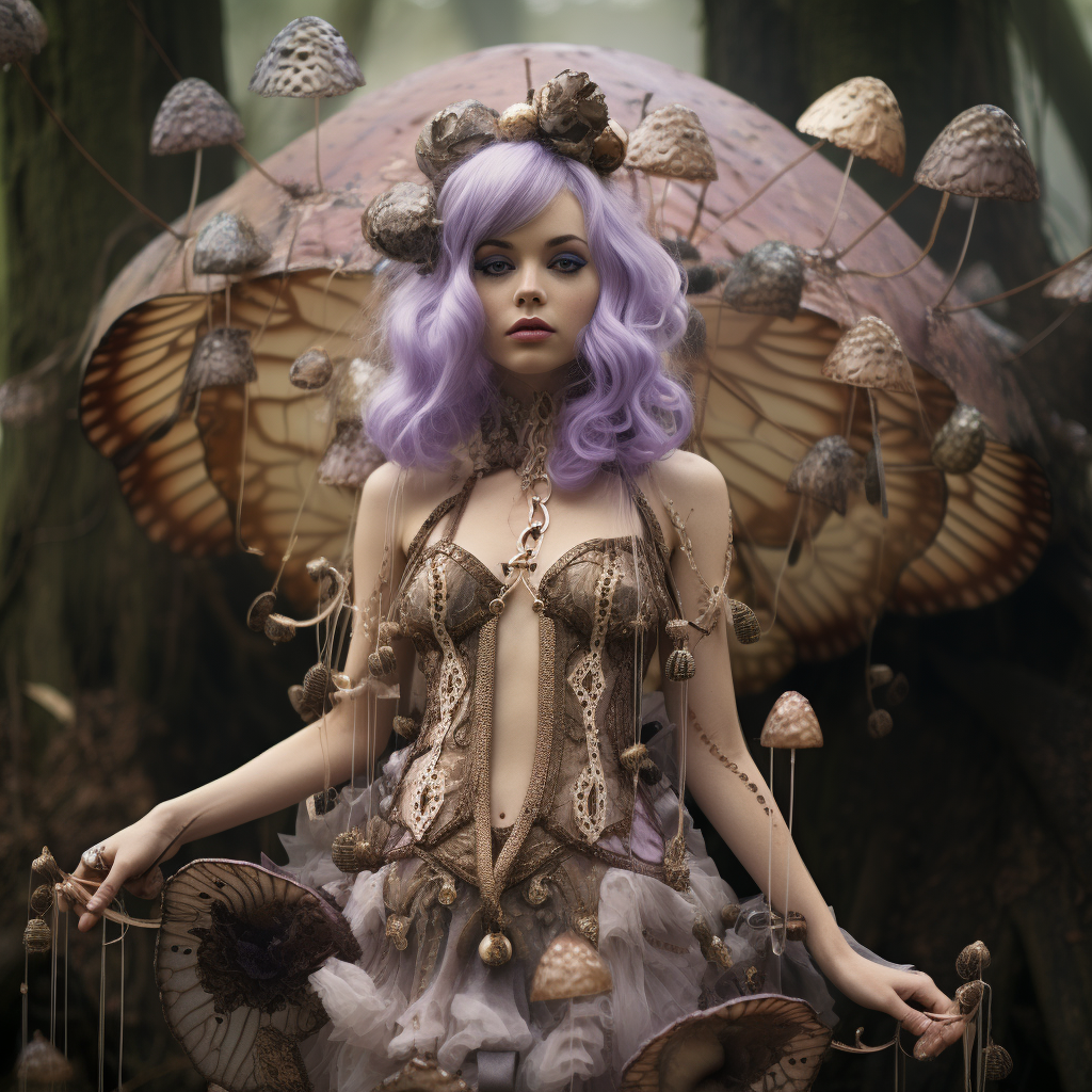 Fairy dress with mushrooms, pearls, and purple wings