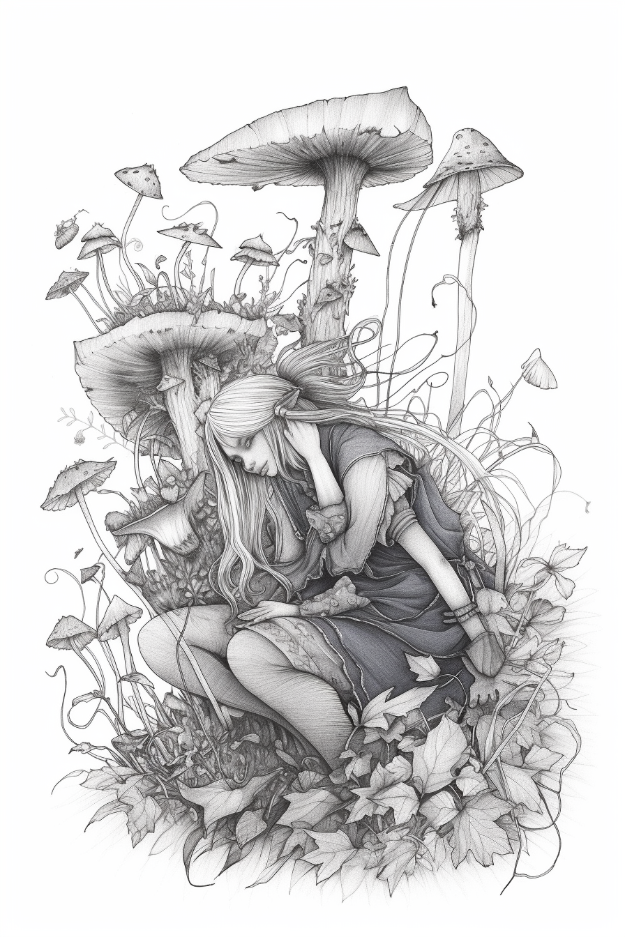 Fairy and Gnome Playing Black White Sketch