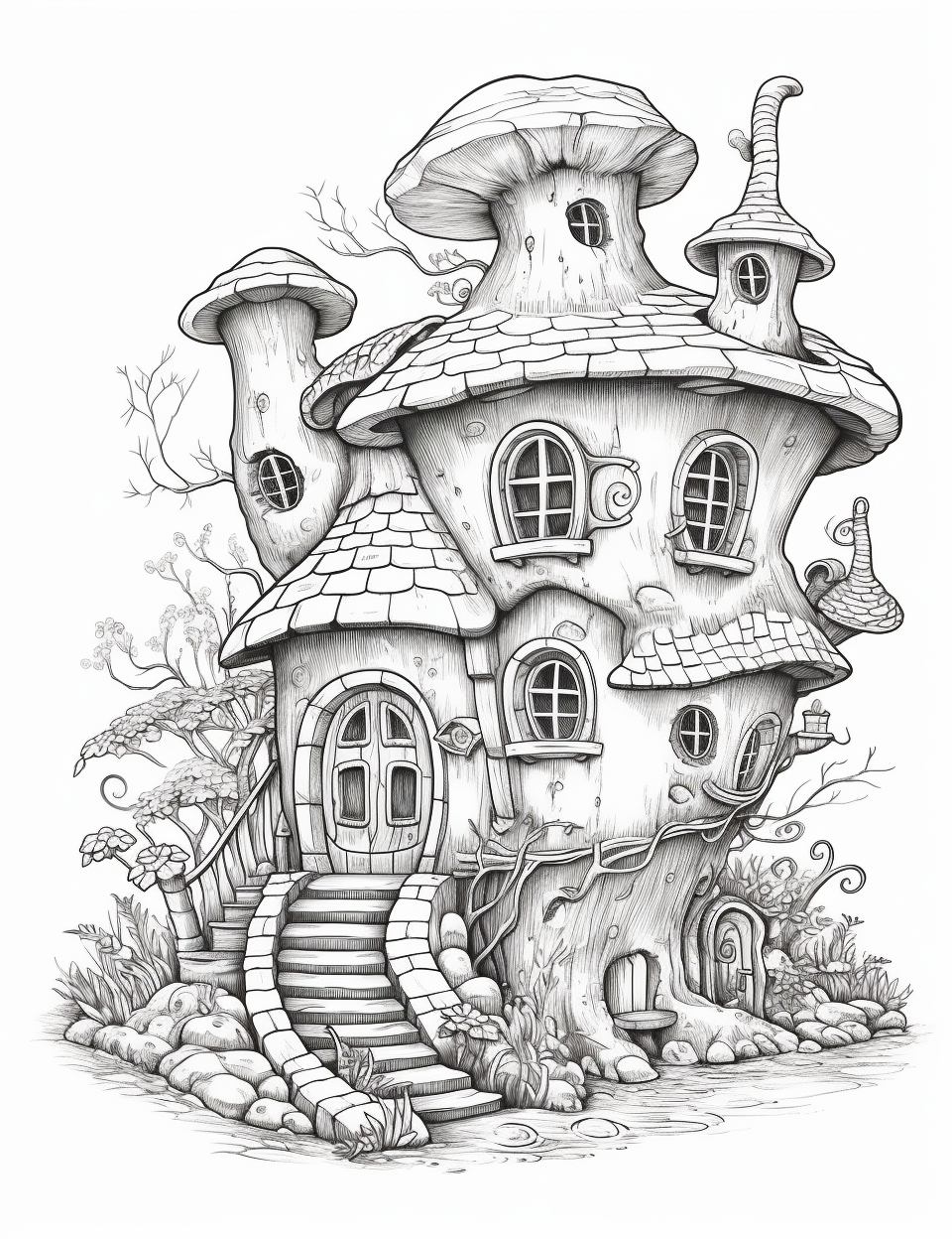 Coloring page of fantasy fairy homes