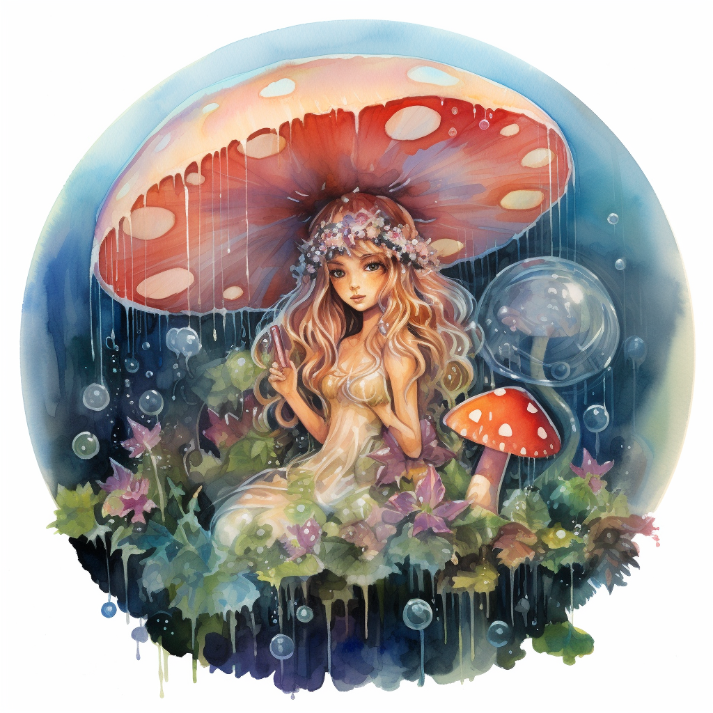 Watercolor Fairy Mushroom Forest Bubbles