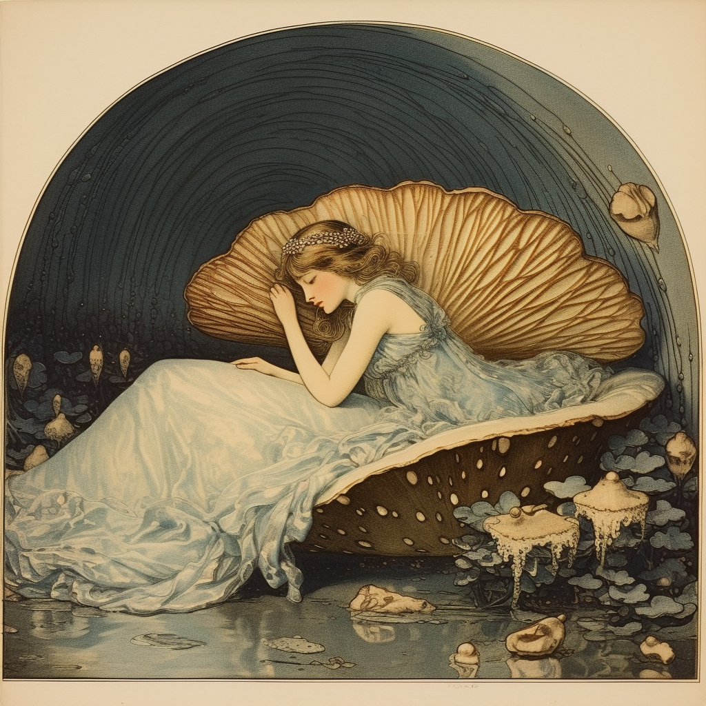 Illustration of a sleeping fairy in a shell